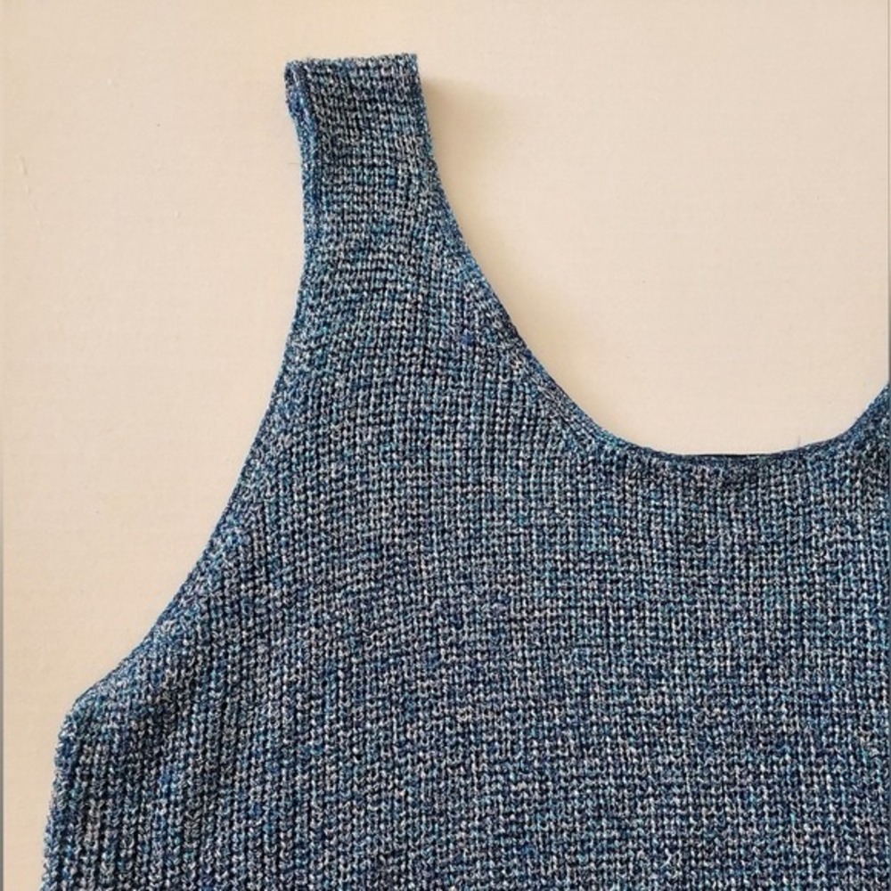 Vintage 90s Blue Crochet Knit Tank Christine Phillipe Sleeveless Shimmer Top M - Picture 9 of 14